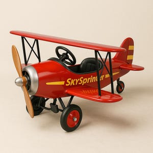 Puede incluir: Un avión de juguete rojo con una hélice de madera y el texto "SkySprinter" en amarillo. El biplano tiene ruedas negras, un volante negro y un asiento negro. Las alas son rojas con soportes negros.