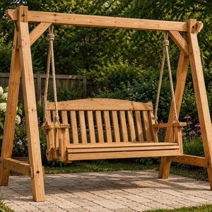 May include: A wooden porch swing suspended by thick ropes from a sturdy A-frame stand. The swing features a slatted backrest and seat with armrests, constructed from light brown natural wood with visible grain patterns and dark metal hardware.
