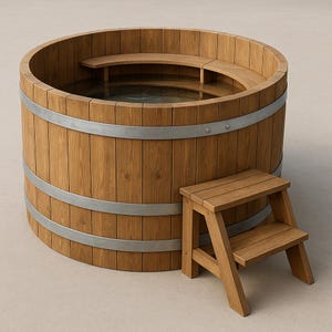 May include: A round wooden hot tub with a built-in bench and a small wooden step stool. The tub is made of vertical wooden planks held together by metal bands. The water inside is visible, and the overall design is rustic and inviting.