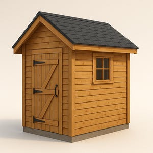 May include: A small wooden shed with a black tiled roof. The shed features a single door with a Z-shaped brace and a small window. The wood is light brown, and the shed is set on a concrete base.