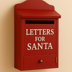 Può includere: Una cassetta postale di legno rossa con le parole "LETTERS FOR SANTA" in bianco. La cassetta postale ha una fessura in alto, un piccolo cassetto e un pomello in ottone. È montata su un muro beige.