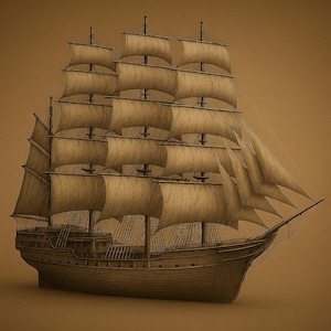 May include: A detailed illustration of a tall sailing ship with multiple masts and billowing sails. The ship is rendered in shades of brown and tan, with intricate details on the hull and rigging. The image evokes a sense of historical maritime adventure.