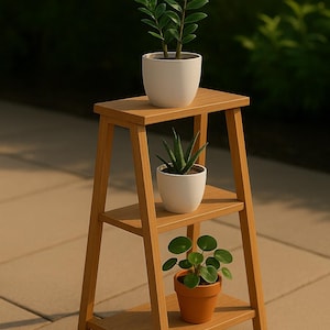 Op de afbeelding: Een houten plantenstandaard met drie niveaus met drie potplanten. De bovenste plank heeft een plant met lange groene bladeren in een witte pot. De middelste plank heeft een plant met stekelige bladeren in een witte pot. De onderste plank heeft een plant in een terracotta pot.