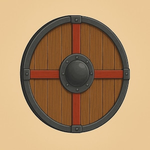 May include: A circular wooden shield with a dark grey metal rim and a central boss. The shield has vertical wooden planks, red crossbars, and is secured with rivets. The design is reminiscent of Viking or medieval shields.