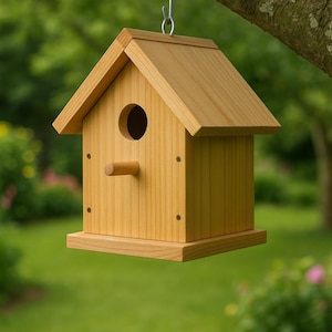 May include: A wooden birdhouse with a natural finish hangs from a tree branch. The birdhouse features a circular entrance hole, a small perch, and a sloped roof. It is suspended by a metal hook, with a blurred green background.