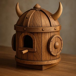 Könnte beinhalten: Ein Vogelhaus aus Holz in Form eines Wikingerhelms. Das Vogelhaus ist aus hellbraunem Holz gefertigt und verfügt über gebogene Hörner, einen runden Schild und eine kleine gewölbte Öffnung für Vögel. Es steht auf einer Holzoberfläche.