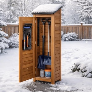 May include: Wooden outdoor storage shed with an open door, revealing snow shovels, a brush, and other tools. The shed is in a snowy backyard setting, with a snow-covered roof and a wooden fence in the background.