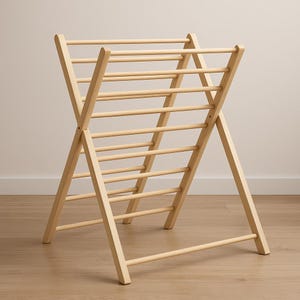 May include: A wooden drying rack with a natural finish. The rack has an A-frame design with multiple horizontal dowels for hanging clothes. The rack is made of light-colored wood and is suitable for indoor use.