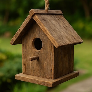 Könnte beinhalten: Ein rustikales Vogelhaus aus Holz mit einem schrägen Dach, einem kreisförmigen Eingangsloch und einer kleinen Sitzstange. Aufgehängt an einem Naturfaserseil. Das Holz hat ein verwittertes Aussehen, geeignet für den Außenbereich.