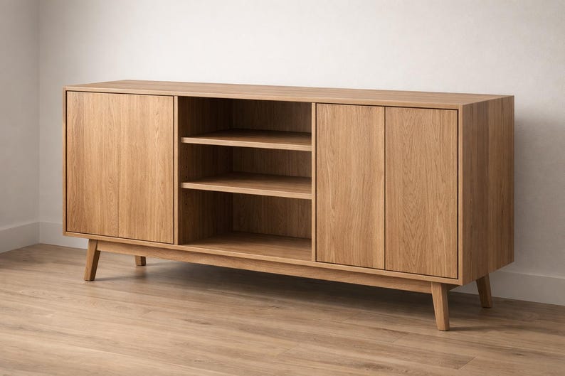 Op de afbeelding: Een licht houten dressoir met twee deuren en open schappen. De kast heeft een modern design uit het midden van de eeuw met schuine poten en een natuurlijke houtnerf afwerking. De kast biedt opbergruimte.