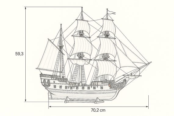 歴史的な帆船模型設計図 – 70 cm木製フリゲート艦の設計図 – DIY 3本