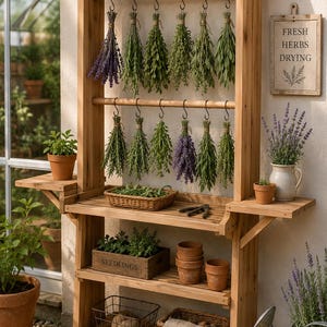 May include: Wooden herb drying rack with hanging bundles of herbs and lavender. The rack has shelves with potted plants, a wooden box labelled "SEEDLINGS", and a sign that reads "FRESH HERBS DRYING".