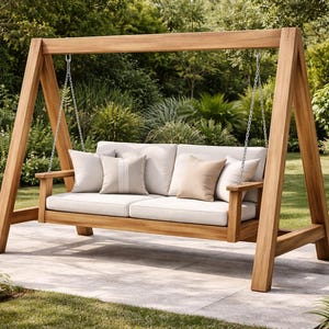 May include: A wooden outdoor swing set with a light-colored cushioned seat and backrest. The swing has a natural wood finish and is supported by a sturdy A-frame structure. Several decorative pillows add comfort. The swing is suspended by metal chains.