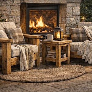 Puede incluir: Dos sillones de madera con cojines y mantas a cuadros están colocados cerca de una chimenea de piedra con fuego. Una pequeña mesa auxiliar de madera tiene una linterna, una taza y libros. Una alfombra tejida está sobre el patio de piedra.