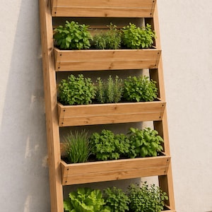 May include: A wooden, vertical herb planter with six rectangular boxes, each containing different green herbs. The planter leans against a light-coloured wall. The wood has a natural finish, and the herbs are lush and vibrant.