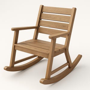 Könnte beinhalten: Hellbrauner Schaukelstuhl aus Holz. Der Stuhl hat eine Sitzfläche und Rückenlehne mit Lamellen, Armlehnen und gebogenen Kufen. Geeignet für den Innen- und Außenbereich.