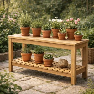 May include: A wooden potting bench with two levels, holding several terracotta pots with various plants. The bench is made of light-colored wood and sits on a stone patio. A ball of twine rests on the lower shelf.