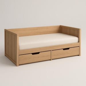 May include: A light oak daybed with a cream mattress. The bed features two drawers at the base and a backrest. The wood has a natural grain and a light finish. The daybed is designed for a single person, with a mattress size of approximately 90cm x 200cm.