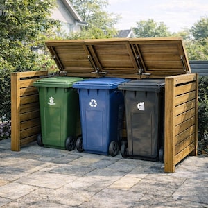 May include: A wooden enclosure with three recycling bins. The bins are green, blue, and black, each with a recycling symbol. The enclosure has a slatted design and a hinged wooden lid. The bins are on wheels.