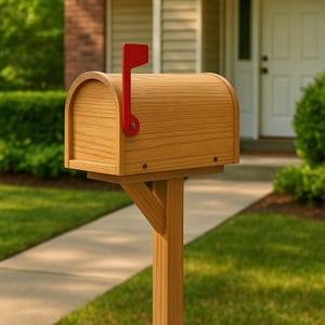 May include: A wooden mailbox with a red flag, mounted on a wooden post. The mailbox has a curved top and a light brown finish, with visible wood grain. The red flag is raised, indicating mail delivery or collection.