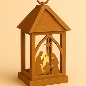 May include: Wooden lantern with a Nativity scene silhouette. The lantern features a rectangular base, a peaked roof, and a handle. The Nativity scene includes figures of Mary, Joseph, and baby Jesus, with a star above. The lantern is made of light brown wood.