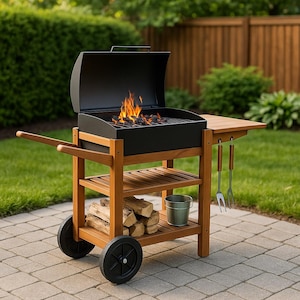 Può includere: Un barbecue in legno con coperchio e superficie di cottura neri. Il barbecue ha un telaio in legno con due ripiani, un piccolo secchio e una pila di legna da ardere. Due utensili da cucina sono appesi a un lato. Il barbecue è su un patio.