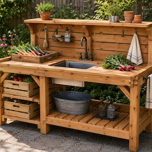 May include: A wooden outdoor potting bench featuring a metal sink with a faucet, two slatted shelves, and a back panel with hooks. The bench holds wooden crates filled with vegetables, a metal basin, and various gardening accessories.