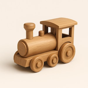 May include: A wooden toy train in a natural wood colour. The train has a cylindrical body, a small smokestack, and a cabin with a rectangular roof. The train has four wheels and is designed for children's play.