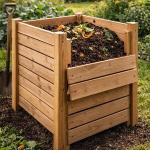 Puede incluir: Un contenedor de compostaje de madera, construido con tablones de color claro, se encuentra en un jardín. El contenedor está lleno de tierra oscura y restos de comida visibles. Una pala se apoya en el lateral y el follaje verde rodea el contenedor.