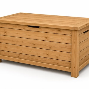 May include: A rectangular wooden storage chest with a light brown finish. The chest has a slatted design on the front and sides, with a flat top and recessed handles. The chest is made of wood and has a natural wood grain.