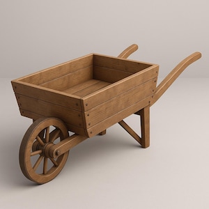Puede incluir: Una carretilla de madera con una caja rectangular y una sola rueda. La carretilla está hecha de madera marrón claro y tiene dos manijas curvas. La rueda tiene radios y la caja está hecha de tablones horizontales.