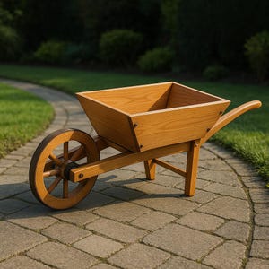 May include: A wooden wheelbarrow with a rectangular bed and a single wheel. The wheelbarrow is made of light brown wood and has a curved handle. The wheel has spokes and a dark brown rim. The wheelbarrow is on a stone path.