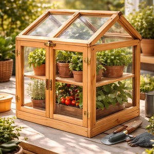 Puede incluir: Un invernadero de mesa de madera con techo a dos aguas y paneles de cristal. La estructura cuenta con dos puertas frontales abatibles con cierres metálicos y dos estantes interiores llenos de plantas en macetas y tomates rojos.