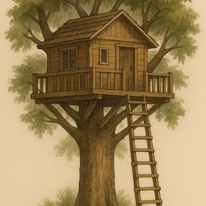 May include: Illustration of a wooden treehouse nestled in a large tree with green foliage. The treehouse has a small balcony, a door, and a ladder leading up to it. The artwork is in a soft, watercolor style.
