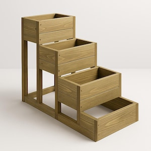 May include: A tiered wooden planter with three rectangular boxes of varying sizes. The boxes are arranged in a stepped configuration, supported by a wooden frame. The wood has a natural, light brown finish, and the planter is designed for outdoor use.
