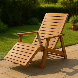 Op de afbeelding: Een houten ligstoel voor buiten, met een lattenrug en voetensteun. De stoel heeft armleuningen en is gemaakt van lichtbruin hout. Hij staat op een stenen terras, met een groen gazon en bladeren op de achtergrond.