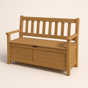 May include: A light brown wooden storage bench with a slatted back and armrests. The bench has a hinged seat that opens to reveal storage space. The bench is 50 inches wide, 20 inches deep, and 36 inches high.