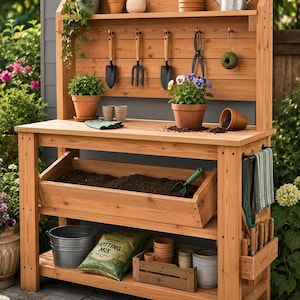 Op de afbeelding: Een houten verpottafel met een bovenplank met terracotta potten en een metalen gieter, een achterwand met hangend tuingereedschap, een centrale grondbak en een onderste plank met een metalen emmer, potgrond en kleine kratten.
