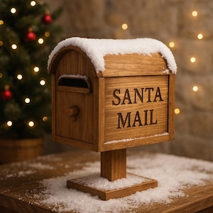 Puede incluir: Buzón de correo de madera de Santa Mail con un techo cubierto de nieve. Las palabras "SANTA MAIL" están talladas en la parte delantera. El buzón tiene una ranura para cartas y está colocado sobre un soporte de madera. Se encuentra sobre una superficie de madera con nieve artificial.