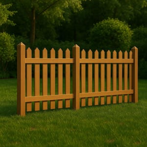 Op de afbeelding: Een houten hek met een natuurlijke afwerking staat op een groen gazon. Het hek heeft verticale lamellen en puntige toppen, met bomen en bladeren op de achtergrond. Het hek is een klassiek tuinonderdeel.