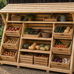 May include: A wooden produce stand with a slanted roof and multiple shelves holding slatted crates filled with fresh vegetables and fruits, including apples, potatoes, onions, carrots, squash, and garlic, alongside a metal watering can.