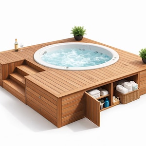 Può includere: Una vasca idromassaggio in legno con interno bianco, circondata da una piattaforma in legno. La piattaforma comprende gradini, ripostiglio e due piante in vaso. Una bottiglia e un bicchiere sono sul ponte.