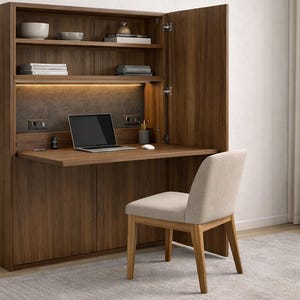 May include: A dark wood wall-mounted desk with a fold-down desk surface and built-in shelving. A laptop, mouse, and accessories sit on the desk. A beige chair is in front of the desk. The desk is in a room with a light-coloured rug.