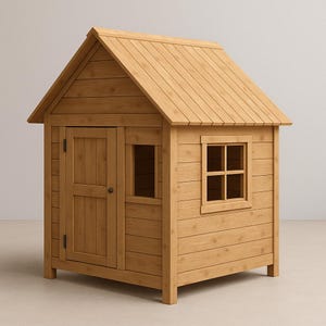 Könnte beinhalten: Ein kleines Spielhaus aus Holz mit Satteldach, Tür und zwei Fenstern. Das Spielhaus ist aus hellfarbenem Holz gefertigt und hat ein schlichtes, klassisches Design. Die Tür hat einen kleinen Knopf und die Fenster haben ein kreuzförmiges Gitter.