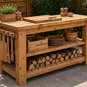 Könnte beinhalten: Rustikale Outdoor-Kücheninsel aus Holz mit natürlichem Finish. Sie verfügt über eine obere Oberfläche, Regale und ein unteres Gestell für Brennholz. Enthält Holzschalen, Teller und Utensilien.