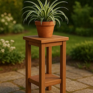 May include: A wooden plant stand with a potted spider plant. The stand is made of light brown wood and has a lower shelf. The plant has long, green and white striped leaves and sits in a terracotta pot. The stand is approximately 40 cm tall.