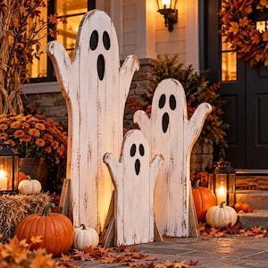 May include: Three white wooden ghost cutouts with distressed paint finishes and black oval eyes and mouths. Each ghost figure stands upright on a wooden base, arranged in a group of varying heights on a stone porch with autumn decor.