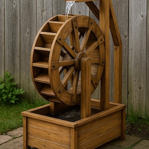 May include: A wooden water wheel fountain with a rectangular base. The wheel has multiple spokes and is positioned in front of a wooden fence. Water flows from a spout at the top, creating a tranquil outdoor feature. The fountain is made of light brown wood.