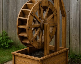 DIY Wooden Water Wheel Fountain Plan: Rustic Garden Feature Blueprint