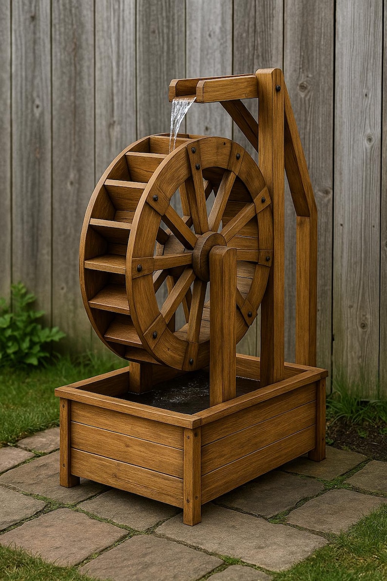 May include: A wooden water wheel fountain with a rectangular base. The wheel has multiple spokes and is positioned in front of a wooden fence. Water flows from a spout at the top, creating a tranquil outdoor feature. The fountain is made of light brown wood.